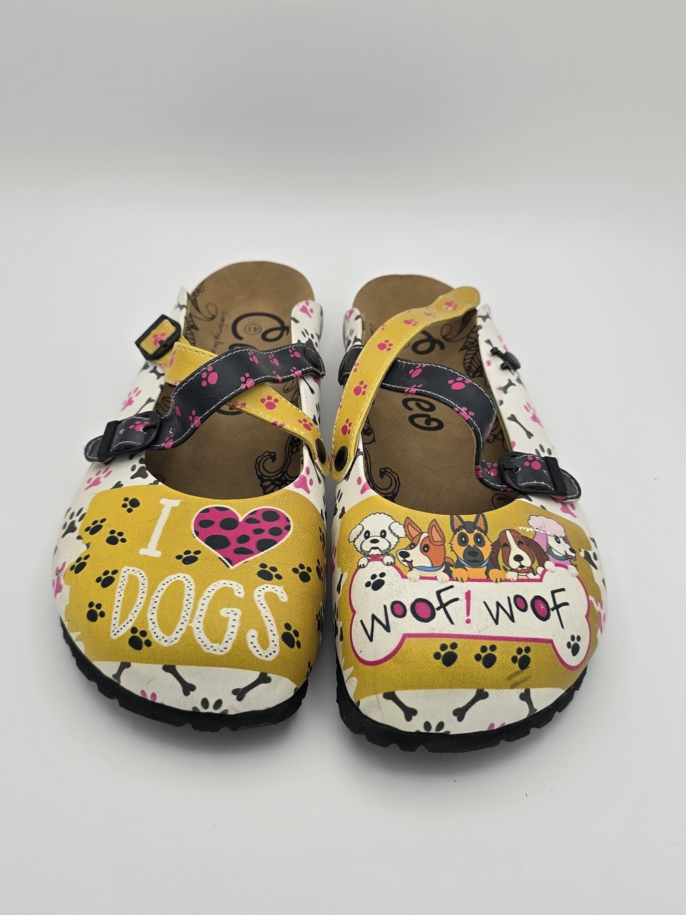 I Love Dogs Yellow Graphic Mary Jane Clogs Sz 10.5 Women Comfortable Walking